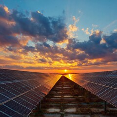 Beautiful sunset over solar panels in the countryside showcasing renewable energy efforts