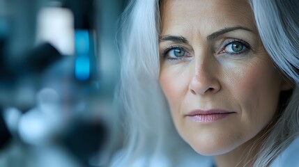 Mature Caucasian woman with silver hair and striking blue eyes gazing confidently at camera, close-up portrait against blurred blue background showing natural aging and beauty.