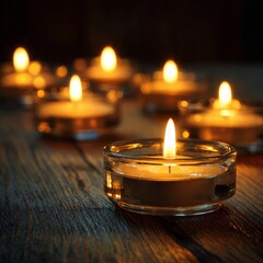 Soft glow of candles illuminating a rustic wooden table in a serene setting during the evening hours