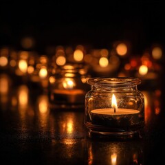 Soft candlelight creates a warm atmosphere in a dimly lit room filled with glowing glass jars at night