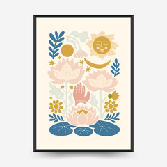 Minimal vector poster inspired by calm energy and meditation. Abstract yoga silhouette, soft lines, and natural balance. Perfect for modern wall art and mindful design.