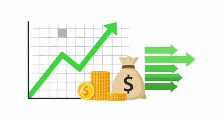 Illustration showing a rising green graph with coins and a money bag indicating financial growth