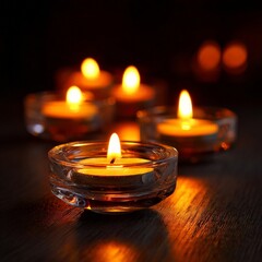 Soft glow of tea light candles illuminating a dark space during an evening gathering
