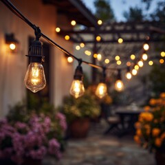String lights illuminate a cozy outdoor patio filled with flowers in a warm evening setting