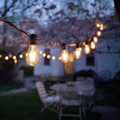 Warm evening lights brighten the garden dinner setup on a tranquil spring night