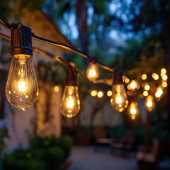 Outdoor string lights illuminate a cozy evening gathering in a tranquil garden setting
