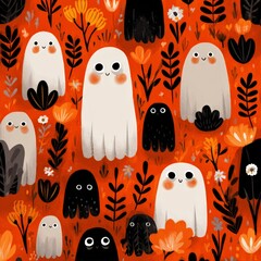 Colorful ghost pattern with friendly designs surrounded by autumn flowers and leaves in a vibrant orange background