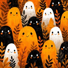 Happy ghosts surrounded by autumn leaves in bright orange and black colors