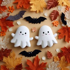 Cute ghost plush toys surrounded by autumn leaves and Halloween decorations create a festive atmosphere