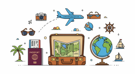 Illustration showing travel themed objects including a plane suitcase and passport on a white background