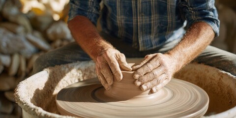 Artisan crafting pottery on a wheel in a workshop setting