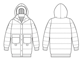 Down puffer jacket front and back view technical flat drawing vector mockup illustration.