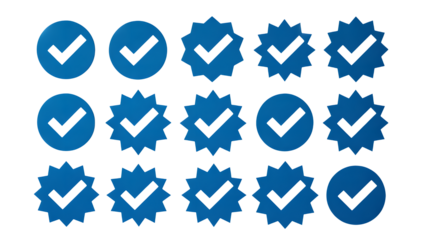 Vibrant blue verified checkmarks in circular and starburst shapes symbolizing trust and approval for modern digital platforms and brand validation