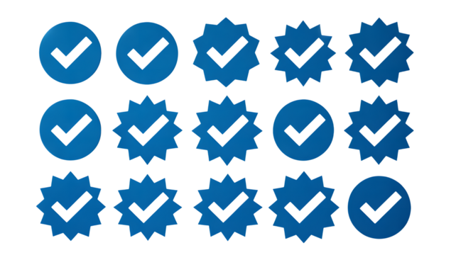 Vibrant blue verified checkmarks in circular and starburst shapes symbolizing trust and approval for modern digital platforms and brand validation