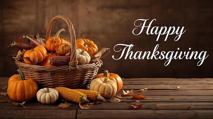 Rustic Thanksgiving Still Life with Pumpkins, Gourds, and Wicker Basket on Wooden Table