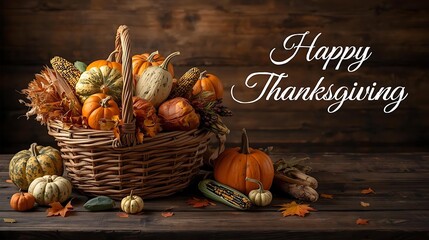 Rustic Thanksgiving Still Life with Pumpkins, Gourds, and Wicker Basket on Wooden Table