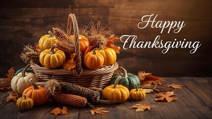 Rustic Thanksgiving Still Life with Pumpkins, Gourds, and Wicker Basket on Wooden Table