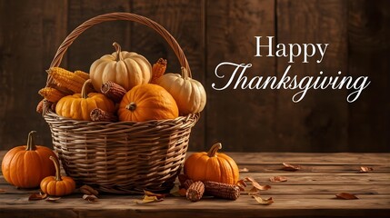 Rustic Thanksgiving Still Life with Pumpkins, Gourds, and Wicker Basket on Wooden Table