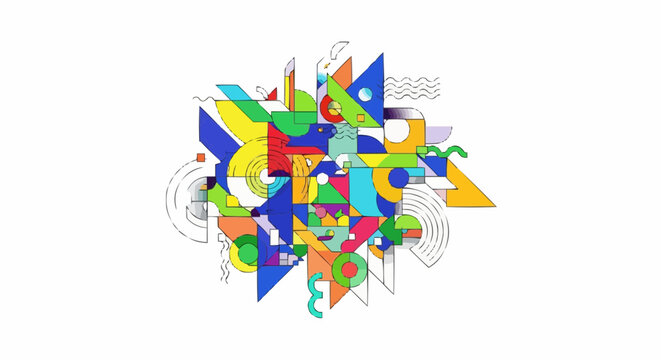 Abstract geometric composition featuring triangles circles and lines in vibrant colors on white background