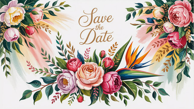 Elegant Floral Save the Date Invitation with Peonies and Bird of Paradise wedding flowers - Powered by Adobe
