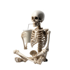 A humorous image of a skeleton drinking from a disposable cup with a straw, isolated on white background