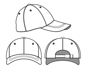 Cap front, back and side view mockup template vector design technical illustration.