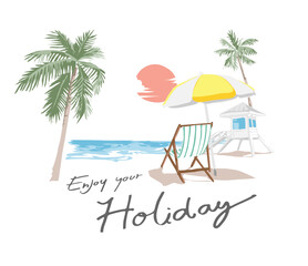 enjoy holiday slogan with beach sunset vector illustration - drawn by hand