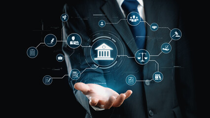 Futuristic digital law interface displaying justice scale, highlighting digital law, AI compliance, digital law systems, and digital law regulations for secure governance. Elide