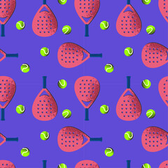 Seamless padel tennis pattern with rackets and balls on purple background