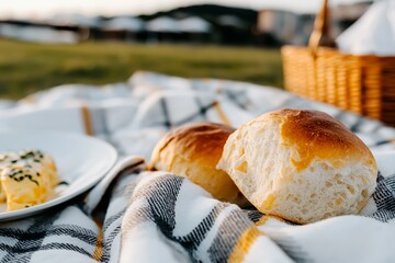 Picnic basket with healthy snacks on a checkered blanket in a green field, showcasing vibrant spring life and inviting outdoor dining experience