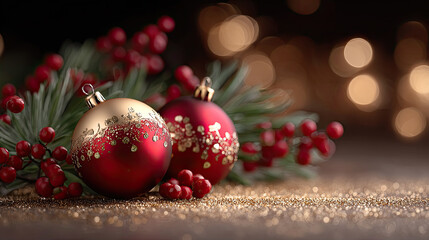 Two glitter-dusted red Christmas ornaments nestled among pine branches and red berries on golden glitter surface with warm bokeh lights