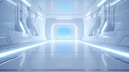 Obraz premium A futuristic and brightly lit white and blue corridor with glowing lights and a futuristic doorway at the end.