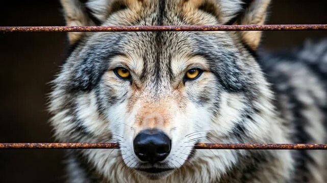 Close-up of a wolf behind bars looking directly at the camera.