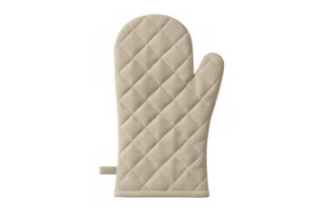 Beige quilted oven mitt providing hand protection for cooking and baking in kitchen, transparent background