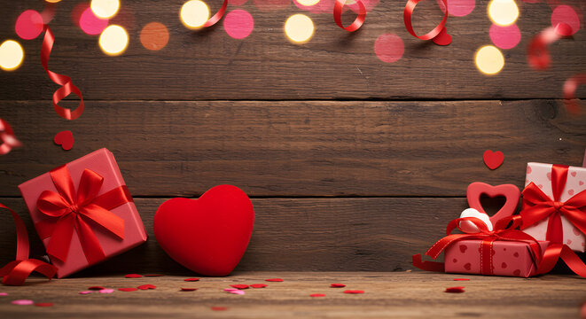 love valentine's day red heart gift copy space on wooden background