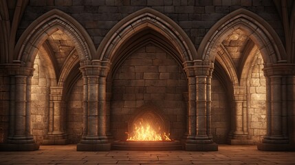 Obraz premium A grand Gothic hall with arched doorways and a roaring fireplace casting a m glow
