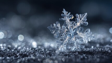 Macro photography of single crystal snowflake on sparkling surface showing delicate ice structure perfect for winter holiday backgrounds and science visuals
