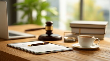 Elegant law office desk with coffee cup documents wooden gavel and sunlight creating warm professional atmosphere ideal for legal service advertisements and corporate branding