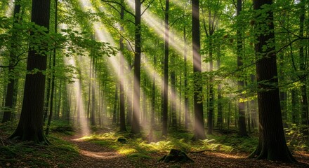 Fototapeta premium Golden sun rays shining through tall trees in a peaceful forest.