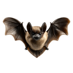 Detailed studio shot of a bat with spread wings against a stark black background, isolated on white background