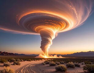 Dramatic, radiant funnel cloud over arid landscape
