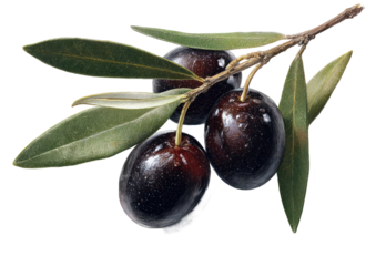 Olive branch w/ 3 ripe dark olives, and green pointed leaves