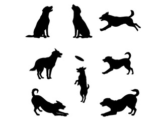 Vector illustration featuring seven distinct dog silhouettes, depicting energetic actions and playful movements of loyal canine companions
