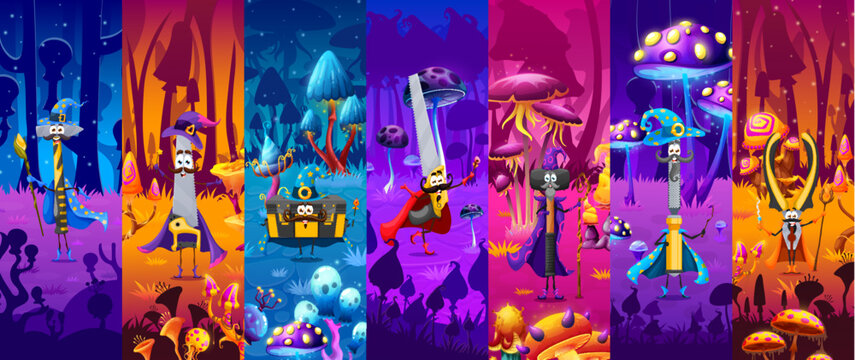 Cartoon construction and DIY tools as Halloween warlocks vector characters. Gray saw magician, hammer wizard with rasp mage, pliers sorcerer or rasp enchanter and file warlock tools in magic forest