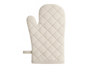Quilted cream oven mitt for kitchen use, ensuring hand protection from heat when handling hot dishes and bakeware. Transparent background