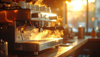 Espresso Machine Brewing Hot Coffee With Steam Rising in Warm Morning Sunlight at a Cafe