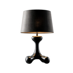 Elegant black table lamp with a unique sculptural base and textured lampshade, on a transparent background