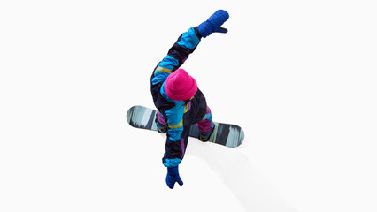 Snowboarder in colorful retro outfit posing dynamically viewed from above on white background. Concept of movement form, geometry for creative composition, body motion studies, and design templates.