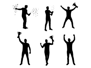 Vector illustration set of a champion man celebrating success with a trophy and champagne silhouettes
