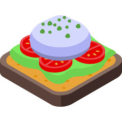 Isometric illustration of a sandwich with light purple cream cheese red tomato slices and green lettuce on a slice of toast with green herbs sprinkled on top on a transparent background
